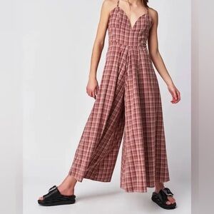 Free People Plaid Jumpsuit in Red and Pink